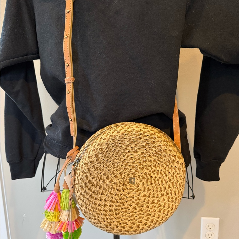 Eric Javits Bali Natural Straw Crossbody Bag with Multicolor Tassels